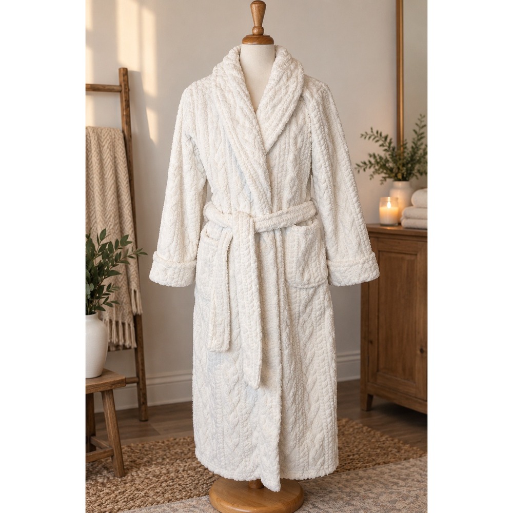 Plush Cable Knit Bathrobe XL White Long Oversized Cozy Shawl Collar Belted Robe